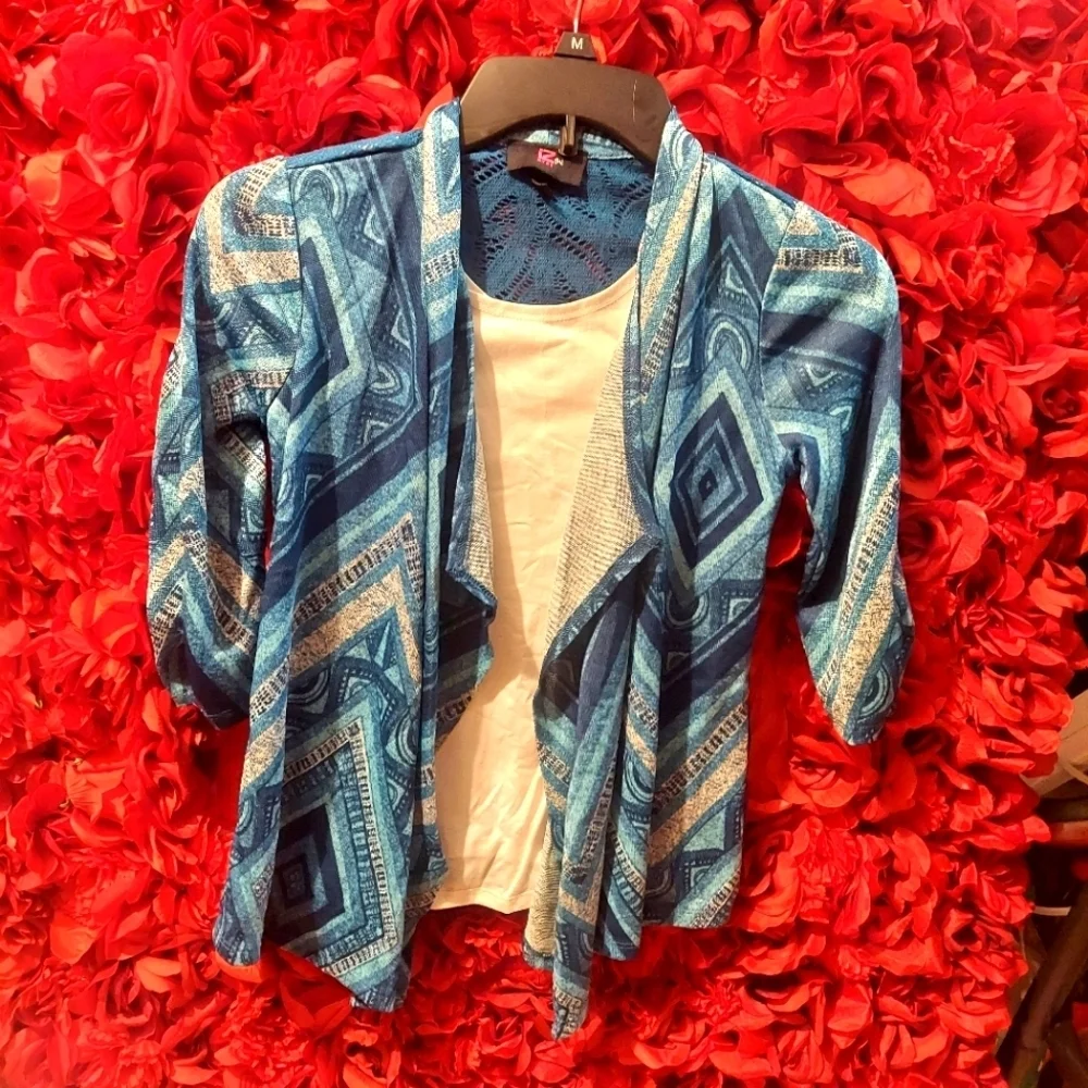 IZ Byer Girls Size 10/12 Turquoise Open Cardgan Style with White Tank attached
